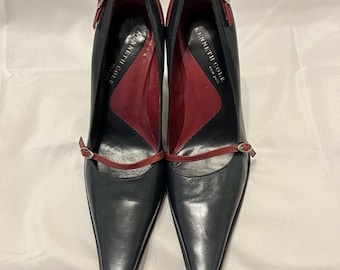 Kenneth Cole Navy Blue Leather Pointed Toe Burgundy Gold Buckle Pumps 6.5 BRAZIL