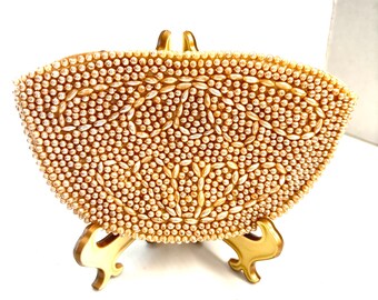Vintage 1940s Champagne Pearl Beaded Clutch Japan