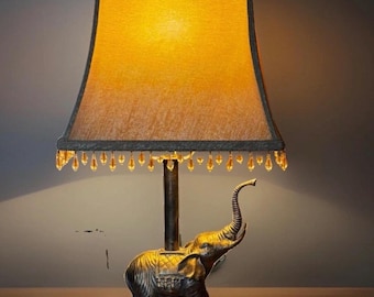 Vintage Elephant Table Lamp Bronze Colored Metal Matching Beaded Accent Shade