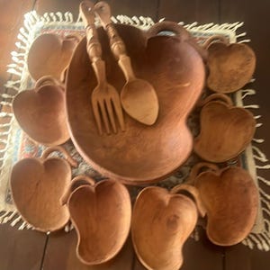 Vintage Hand Carved Wooden Salad/Fruit Bowl Set One Large Bowl 8 Small bowls with Carved Serving Fork/Spoon 11 Pcs