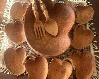 Vintage Hand Carved Wood Bowl Set: Large Salad Bowl, Apple Bowls, Serving Utensils