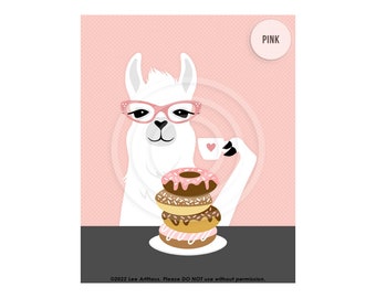 2JP Llama Eating Donuts and Drinking Coffee Wall Art - Doughnut Poster - Coffee Drawing - Coffee Theme - Llama Wearing Glasses Wall Decor