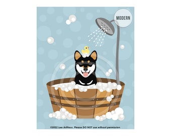 202DP Dog Art Prints - Black and Tan Shiba Inu in Bubble Bath Wall Art - Shiba Inu Print - Shiba Inu Drawing - Dog Taking Bath - Dog Poster