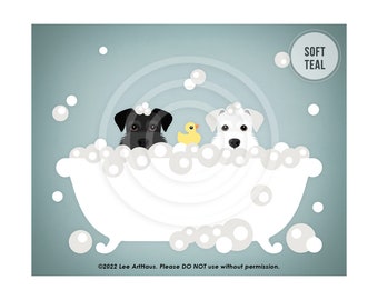 184DP Schnauzer Art - Two Peeking Schnauzer Dogs in Bubble Bath Wall Art - White Schnauzer Gift - Dog Artwork - Dog Bathroom Art - Dog Gifts