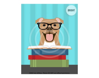 703DP Dog Art Prints - Brown Pit Bull Reading Stack of Books Wall Art - Book Lover Gifts - Funny Pit Bull Gifts - Cute Animal Wall Decor