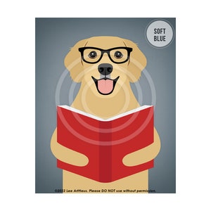 589DP Reading Decor Golden Retriever Dog Reading Book Wall Art Library Decor Classroom Wall Art Cute Dog Art Prints Dog Portrait SOFT BLUE