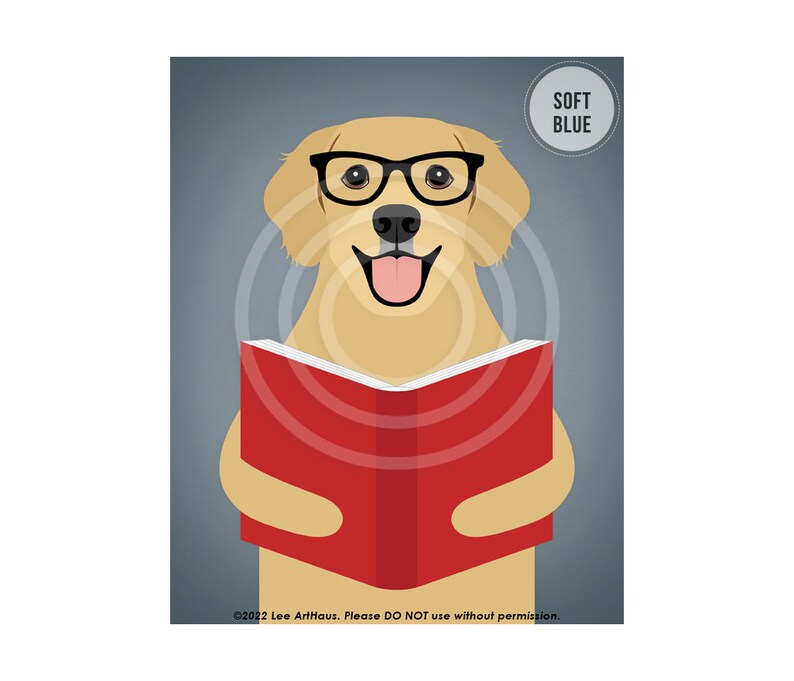 589DP Reading Decor Golden Retriever Dog Reading Book Wall Art Library Decor Classroom Wall Art Cute Dog Art Prints Dog Portrait SOFT BLUE