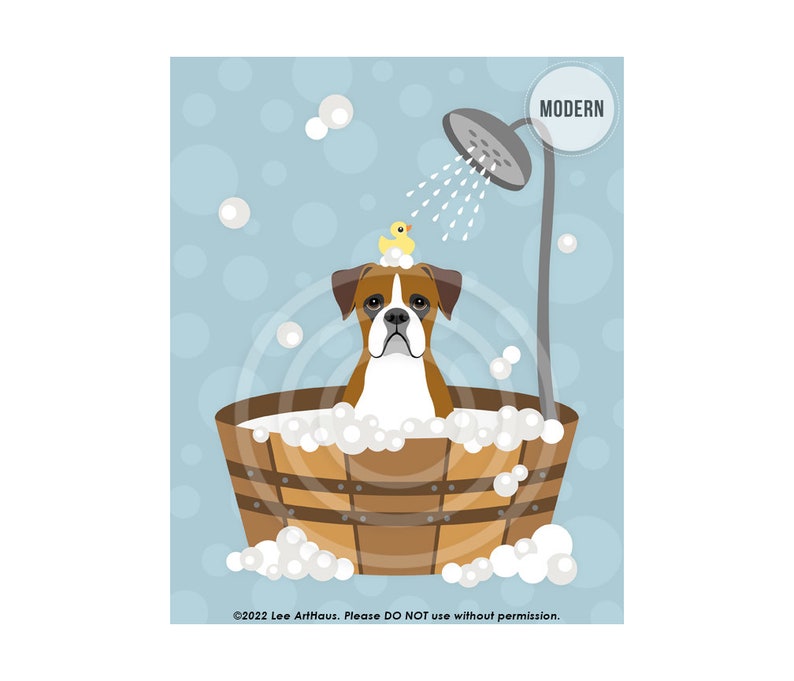 45DP Dog Prints Brown Boxer Dog in Wooden Tub Wall Art Bathroom Art Boxer Print Bath Print Dog Drawing Dog Art Pet Portrait MODERN