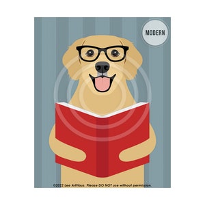 589DP Reading Decor Golden Retriever Dog Reading Book Wall Art Library Decor Classroom Wall Art Cute Dog Art Prints Dog Portrait MODERN