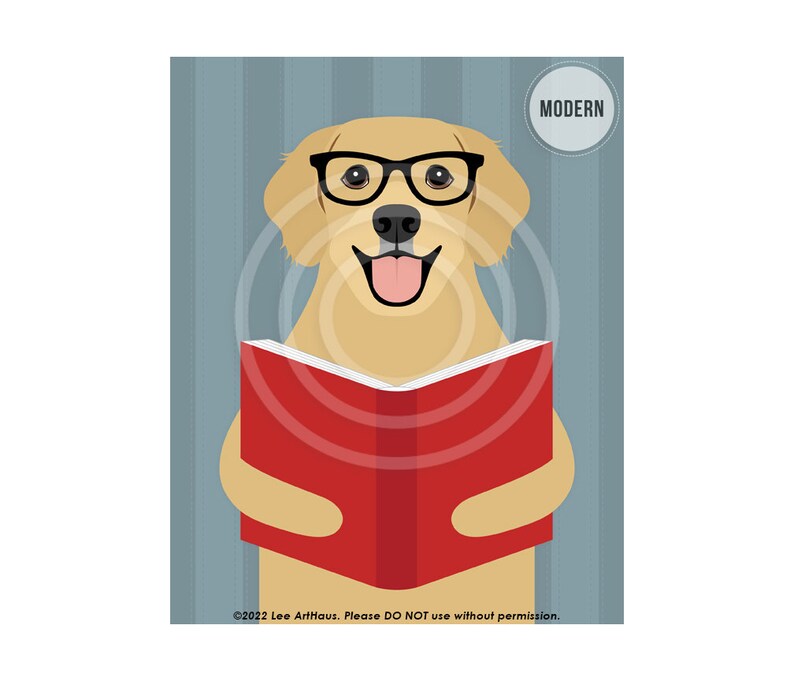 589DP Reading Decor Golden Retriever Dog Reading Book Wall Art Library Decor Classroom Wall Art Cute Dog Art Prints Dog Portrait MODERN