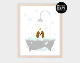 4ID - Cavalier King Charles Spaniel Digital Art Print - Dog Taking Bath - Cavalier King Charles - Bathroom Wall Decor - Dog Bath Prints