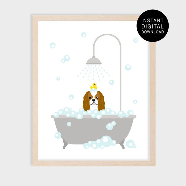 4ID - Cavalier King Charles Spaniel Digital Art Print - Dog Taking Bath - Cavalier King Charles - Bathroom Wall Decor - Dog Bath Prints