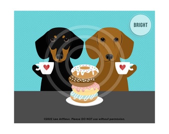 509DP Two Dachshund Dogs Eating Donuts Wall Art - Coffee and Donuts - Dog Drinking Coffee - Coffee Wall Art - Doughnut Art - Coffee Gifts