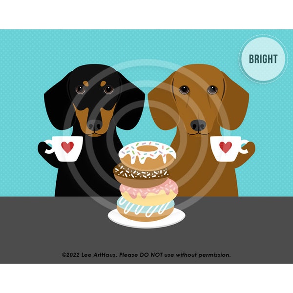 509DP Two Dachshund Dogs Eating Donuts Wall Art - Coffee and Donuts - Dog Drinking Coffee - Coffee Wall Art - Doughnut Art - Coffee Gifts