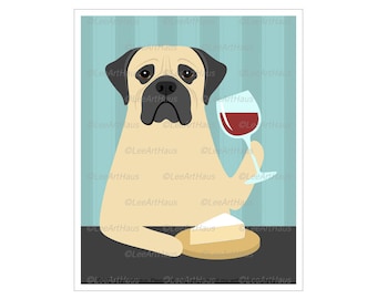 255D Mastiff Gifts - Mastiff Drinking Wine and Eating Cheese Wall Art - Wine and Cheese - Dog Decor - Wine Art - Wine Wall Decor - Dog Print