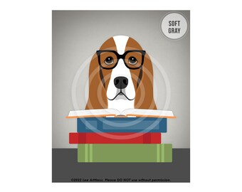 390DP Basset Hound Reading Stack of Books Wall Art - Dog Reading Decor - School Wall Art - Basset Hound Gifts - Funny Dog Gifts - Dog Prints