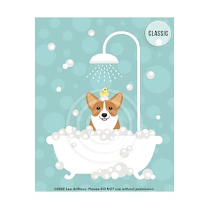 71DP Welsh Corgi Print - Corgi Dog in Bubble Bath Wall Art - Bathroom Art - Corgi Art - Bath Decor - Dog Drawing - Dog Wall Art - Dog Theme