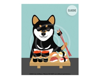 656DP Sushi Art - Black and Tan Shiba Inu Dog Eating Sushi Wall Art - Japanese Food Wall Art - Sushi Print - Foodie Art Prints - Dog Art