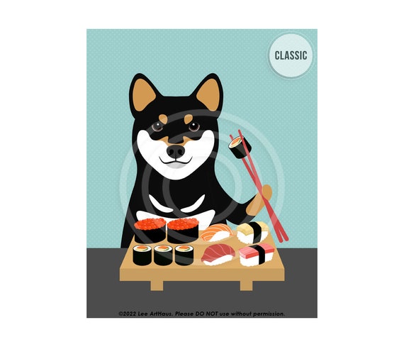 656DP Sushi Art Black and Tan Shiba Inu Dog Eating Sushi 