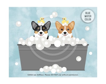 77DP Two Corgi Dogs in Gray Metal Bathtub Wall Art - Black and Tan Corgi Art - Pembroke Welsh Corgi Dog - Cardigan Welsh Corgi - Corgi Decor