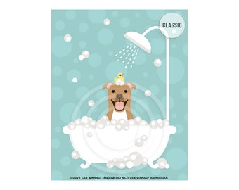 148DP Brown Pit Bull Dog in Bubble Bath Wall Art - Pit Bull Mom - Dog Bath Decor - Dog Poster - Bath Art - Modern Animal Art - Dog Breed