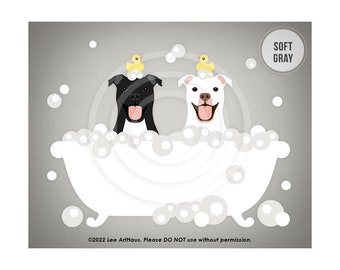 134DP Dog Drawing - Two Pitbull Dogs in Bathtub Wall Art - Pit Bull Decor - Dog Gifts - Pitbull Mom Gifts - Bathroom Art - Dog Bath Decor