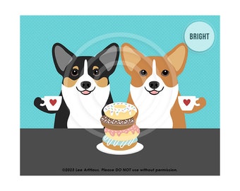 467DP Funny Dog Print - Two Corgi Dogs Eating a Stack of Donuts Wall Art - Donut Print - Corgi Art Prints - Coffee Art - Coffee Lover Gift