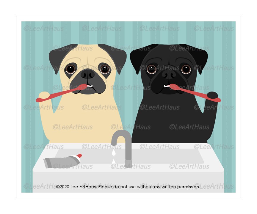 141D Two Pug Dogs Brushing Teeth Wall Art Black Pug Brush Etsy