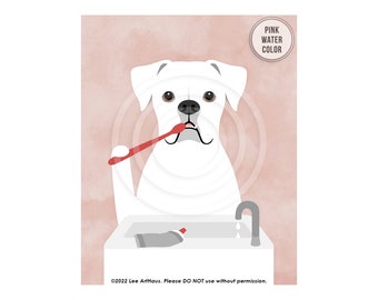 39DP White Boxer Dog Brushing Teeth Wall Art - Brush Your Teeth Sign - Dog Bath Decor - Boxer Dog Mom - Bathroom Signs - Funny Bath Art