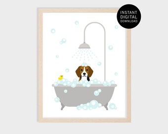 1ID Beagle in Bathtub Art - Beagle Print- Printable Dog Wall Art - Digital Download - Cute Dog Digital Prints - Bath Decor - Bathroom Prints