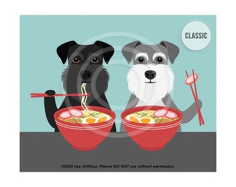 792DP Dog Art - Two Schnauzer Dogs Eating Ramen Noodles Wall Art - Schnauzer Decor - Ramen Art - Dog Portrait - Pet Drawing - Foodie Print