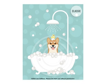 199DP  Dog Drawing - Red Shiba Inu Taking Bubble Bath Wall Art - Shiba Inu Art - Dog Bathroom Decor - Shiba Inu Gift - Bubble Bath Print