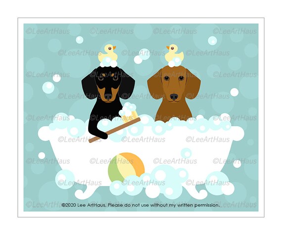 37d Dog Print Two Dachshunds In Bubble Bath Wall Art Red Etsy