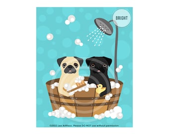 164DP Pug Print - Two Pugs Taking Bubble Bath Wall Art - Pug Art - Bathroom Art - Bath Prints - Dog Art Print - Pug Lover Gift - Dog Drawing