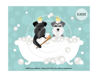 181DP Dog Decor - Two Schnauzer Dogs in Bubble Bath Wall Art - Schnauzer Drawing - Dog Art Prints - Dog Bath Decor - Dog Owner Gifts
