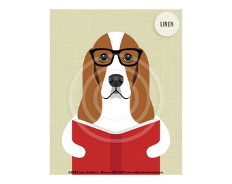 391DP Dog Art Prints - Basset Hound with Glasses Reading Book Wall Art - Dog Wearing Glasses Print - Dog Reading Book Wall Art - Dog Gifts