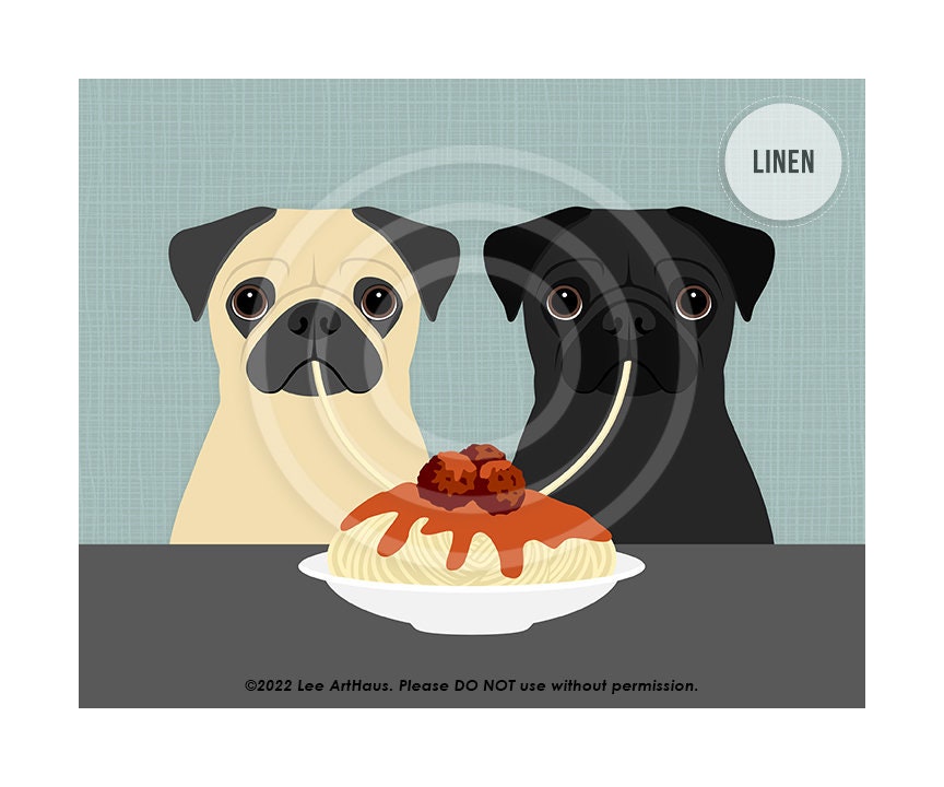625DP Two Pugs Eating Spaghetti and Meatballs Wall Art Italian