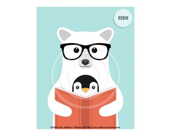 11AP Polar Bear and Penguin Reading Book Wall Art - Polar Bear Art - Cute Animal Prints - Book Art Prints - Book Nook Decor - Book Lover Art