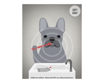 124DP Blue French Bulldog Brushing Teeth Wall Art - Brush Your Teeth - Gray Frenchie - French Bulldog Gifts - Dog Artwork - Dog Bathroom Art