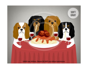 820D Spaghetti and Meatballs - Four King Charles Cavalier Dogs Eating Spaghetti Wall Art - Cavalier King Charles Spaniel - Italian Food Art