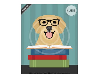 590DP Golden Retriever with Stack of Books Digital Art - Reading Decor - Book Wall Art - Dog Breed Drawing - Pet Gifts - Golden Retrievers