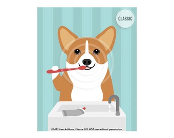 70DP Dog Art Print - Red and White Corgi Brushing Teeth Wall Art - Corgi Gifts - Corgi Art - Brush Your Teeth Signs - Dog Bath Art