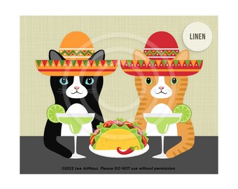 729DP Cat Decor - Two Cats Eating Taco and Drinking Margaritas Wall Art - Taco Tuesday Art - Tuxedo Cat - Tabby Cat - Cat Decor - Funny Cat