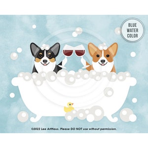 78DP Wine Art Pembroke Corgi with Wine Glasses Wall Art Toasting Wine Glasses Print Corgi Print Corgi Art Bath Art Wine Print WATERCOLOR BLUE