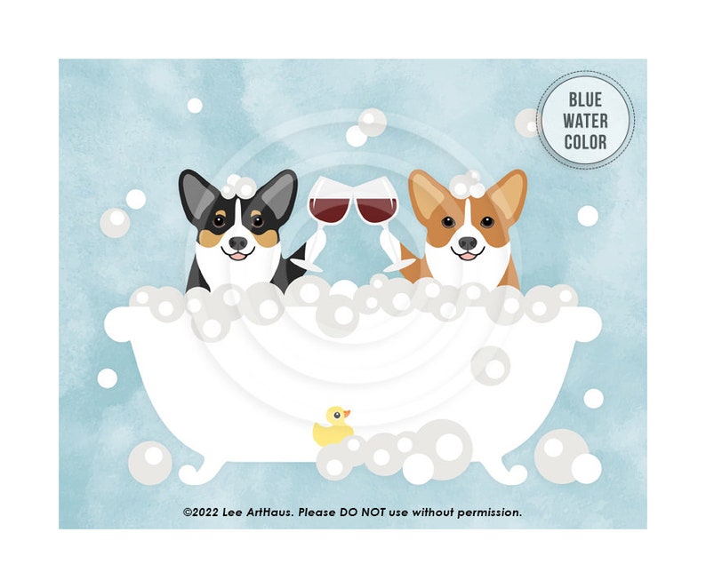 78DP Wine Art Pembroke Corgi with Wine Glasses Wall Art Toasting Wine Glasses Print Corgi Print Corgi Art Bath Art Wine Print WATERCOLOR BLUE