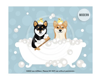 213DP Two Shiba Inu Dogs in Bubble Bath Bathtub Wall Art - Shiba Inu Gifts - Dog Owner Gift - Cute Dog Art - Bathroom Wall Decor - Dog Art