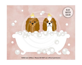 56DP Blenheim and Ruby Red Cavalier King Charles Spaniels in Bathtub Wall Art - King Charles Spaniel - Dog Taking Bath - Cavalier Gifts