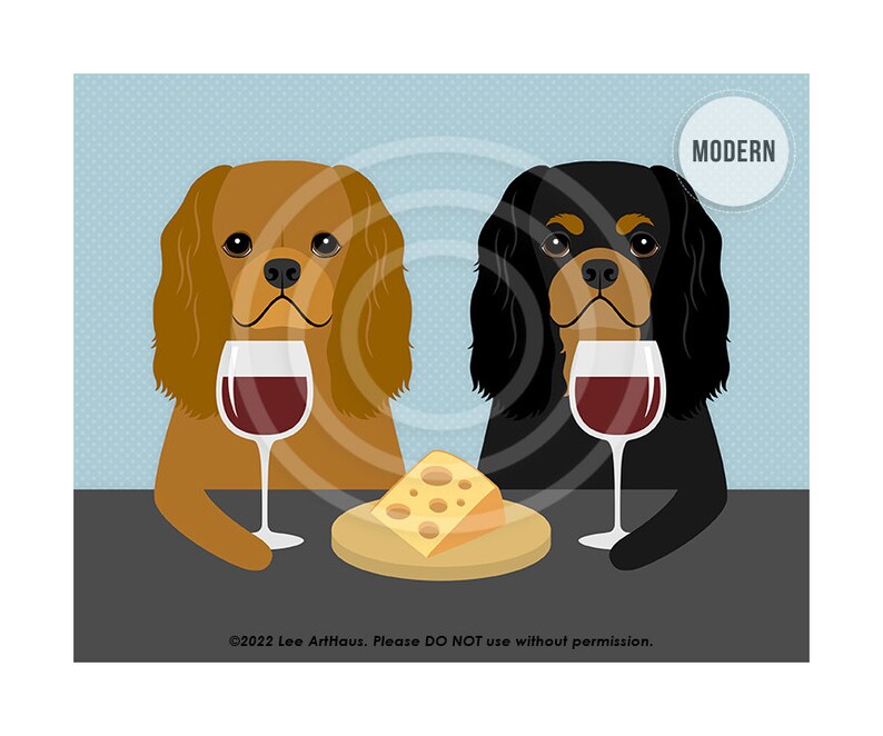 444DP Two Cavalier King Charles Spaniels Drinking Wine and Eating Cheese Wall Art Dog Wall Decor Cavie Art Prints Dog Drinking Wine image 7