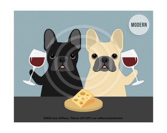557DP Two French Bulldogs Drinking Wine and Eating Cheese Wall Art -French Bulldog Art - Dog Wine Decor - French Bulldog Gifts - Wine Lover