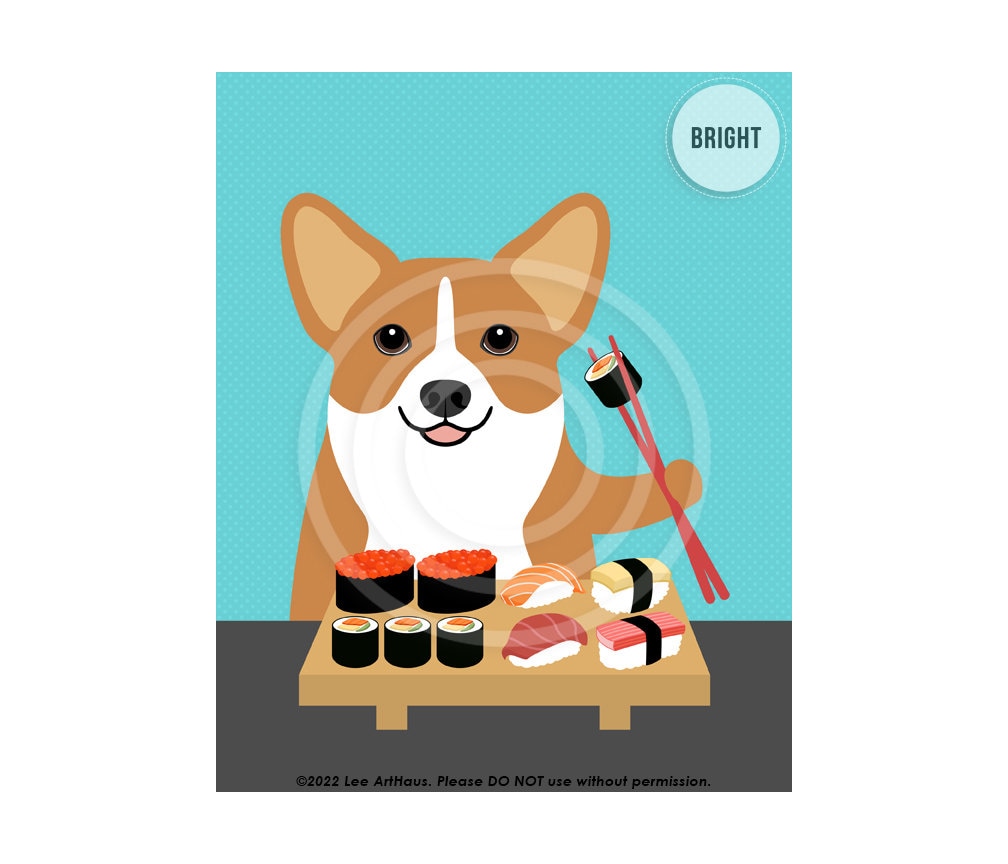 453DP Dog Art Prints Corgi Dog Eating Sushi Wall Art Pet Drawing